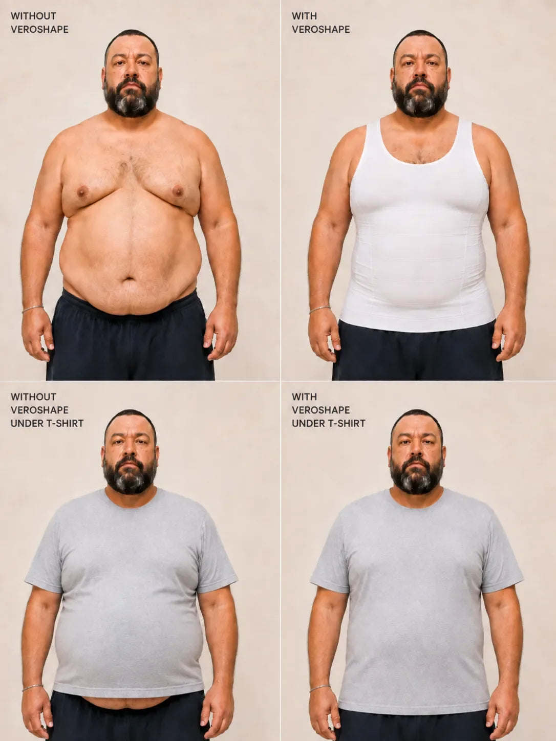 Bigger man in a T-shirt with VEROSHAPE underneath, showing lower-belly containment and a cleaner shirt hem.