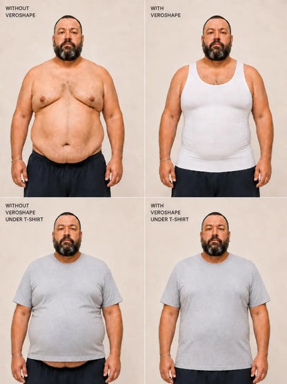 Bigger man in a T-shirt with VEROSHAPE underneath, showing lower-belly containment and a cleaner shirt hem.