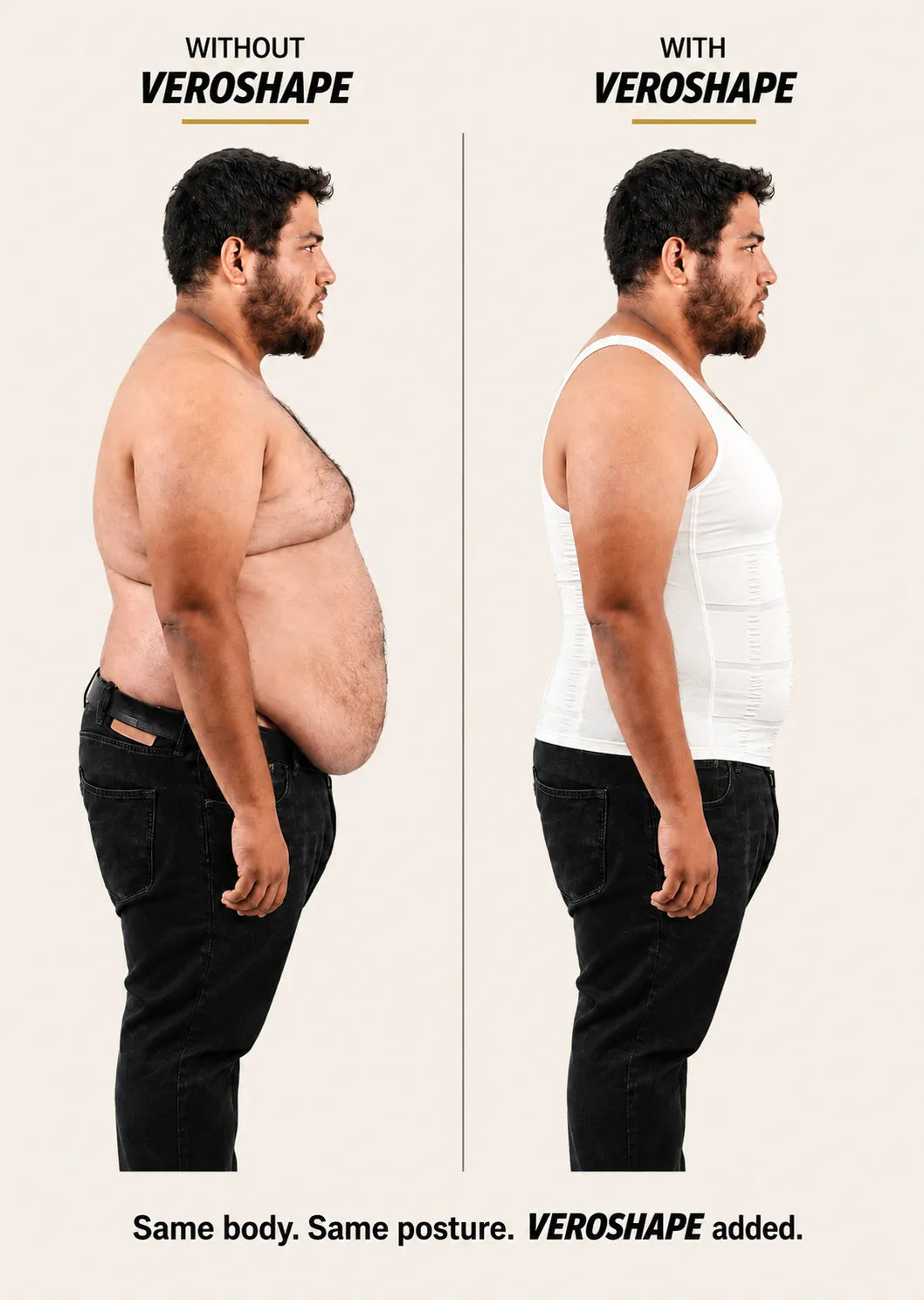 Bigger man wearing VEROSHAPE compression tank, showing chest, belly and side-waist compression.