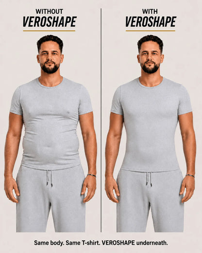 Same man in a gray T-shirt without and with VEROSHAPE underneath, showing cleaner chest and belly drape.