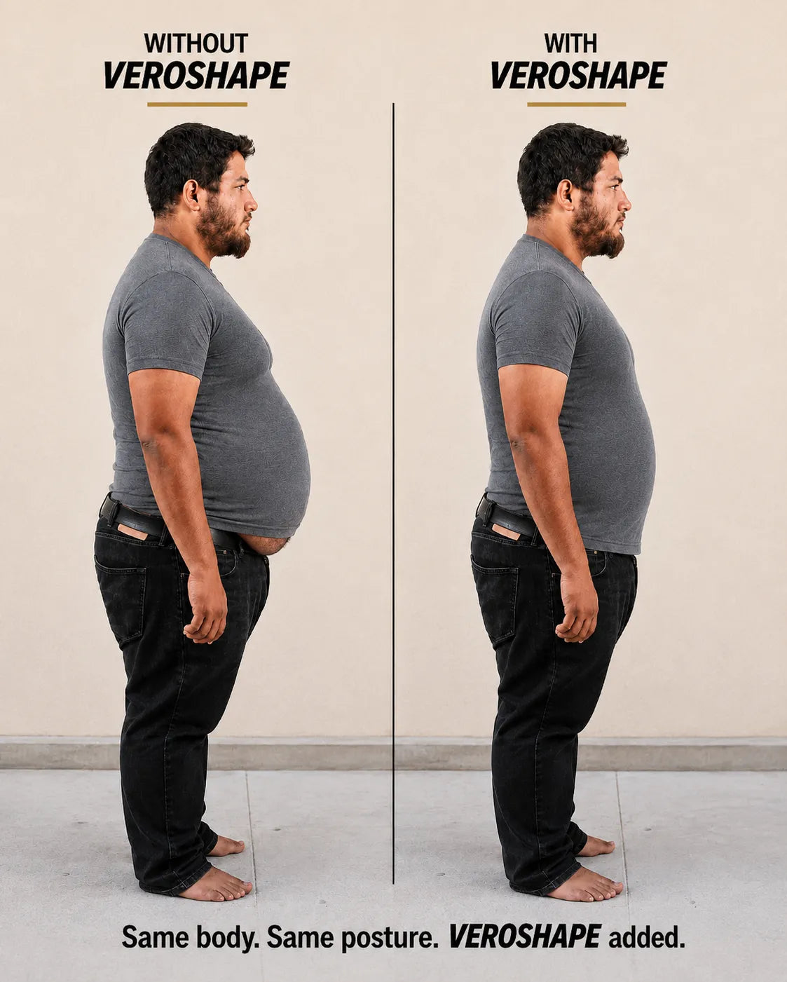 Bigger man wearing VEROSHAPE under a T-shirt, showing a smoother belly and cleaner T-shirt fit.