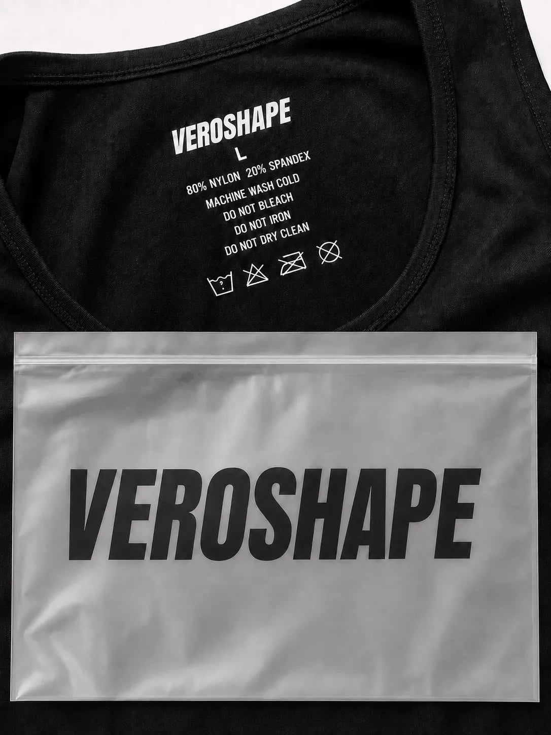 VEROSHAPE compression tank with branded packaging, showing the product and pouch customers receive.