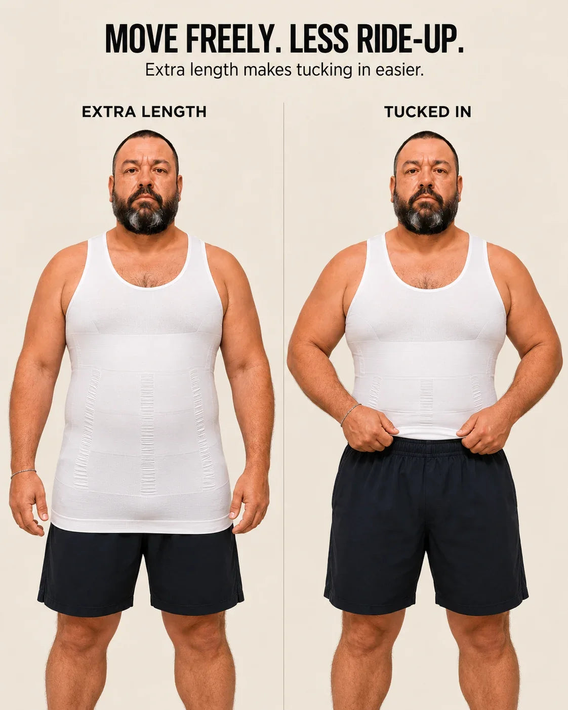White VEROSHAPE men's compression tank top shown at full extended length and tucked into shorts, demonstrating a longer hem designed to stay tucked and help reduce ride-up during movement.