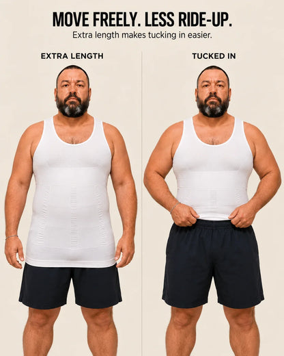 White VEROSHAPE men's compression tank top shown at full extended length and tucked into shorts, demonstrating a longer hem designed to stay tucked and help reduce ride-up during movement.